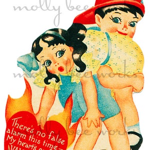 Vintage Valentine Feuerwehrmann junge mit Mädchen druckbare Sofortiger digitaler Download