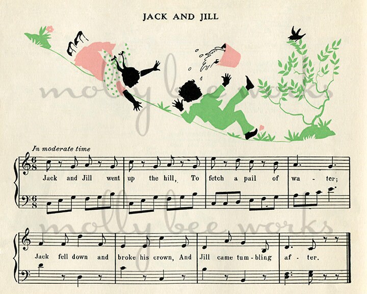 Vintage Jack and Jill Song Sheet &amp; Illustration Printable Instant ...