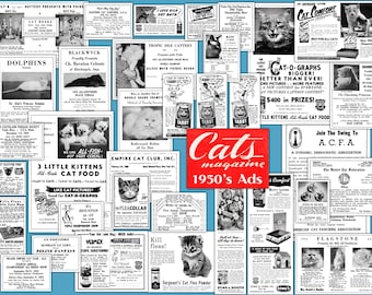 PARA AMANTES DE GATOS! Anúncios de revistas sobre gatos dos anos 50: alimentos, remédios e programas de TV. Download digital instantâneo para impressão.