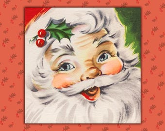 May include: A vintage illustration of Santa Claus with a white beard, rosy cheeks, and blue eyes. He wears a red hat and has a sprig of holly with red berries. The background is a festive red with a repeating holly pattern.