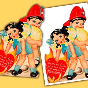 Vintage Valentine Firefighter Boy Carrying Girl Printable Instant Digital Download