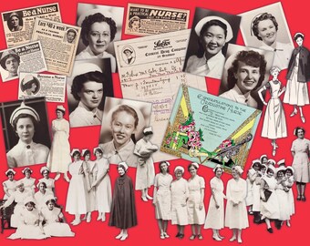 May include: A collage of vintage images and ephemera related to nursing. Includes portraits of nurses, advertisements, a congratulatory card, and handwritten notes, all set against a red background.