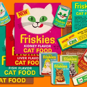 Friskies vintage des années 1970, étiquettes de nourriture pour chats, graphismes originaux, collection d'amoureux des chats, collection de cliparts imprimable instantanée en téléchargement numérique