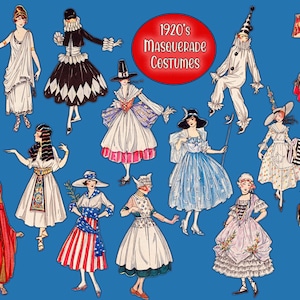 Costumes de mascarade des années 1920 belles pages illustrées colorées vibrantes anciennes vintage et découpes PNG imprimable téléchargement numérique instantané