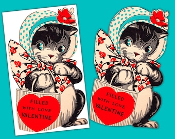 May include: Vintage Valentine's Day card featuring a black and white kitten wearing a bonnet and holding a heart-shaped card. The heart reads "Filled with Love Valentine". The kitten is adorned with a floral bow and a red flower on its bonnet.