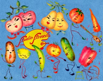 May include: Whimsical illustration of anthropomorphic fruits and vegetables dancing on a blue background. The image includes smiling apples, pears, tomatoes, a carrot, a cucumber, a pepper, and a potato. The text "Audio Stencils" is in the center.