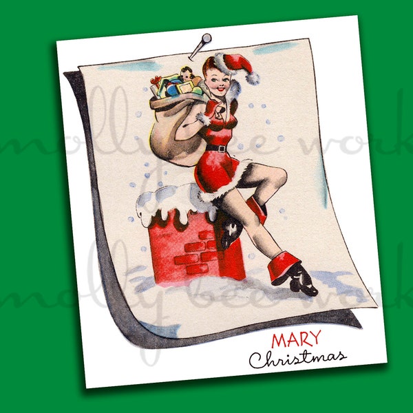 Vintage Pinup Illustration Christmas Card MCM Fun Sexy Santa Red Hair Green Eyes Printable Instant Digital Download