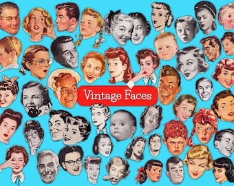 May include: A collection of various vintage-style illustrations of human faces, including men, women, and children, arranged on a bright blue background with a central red rectangular label featuring the white text Vintage Faces.