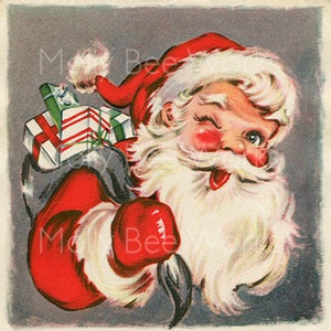Cartão de Natal Vintage Papai Noel Piscando Alegre Com Presentes Para Imprimir Download Digital Instantâneo