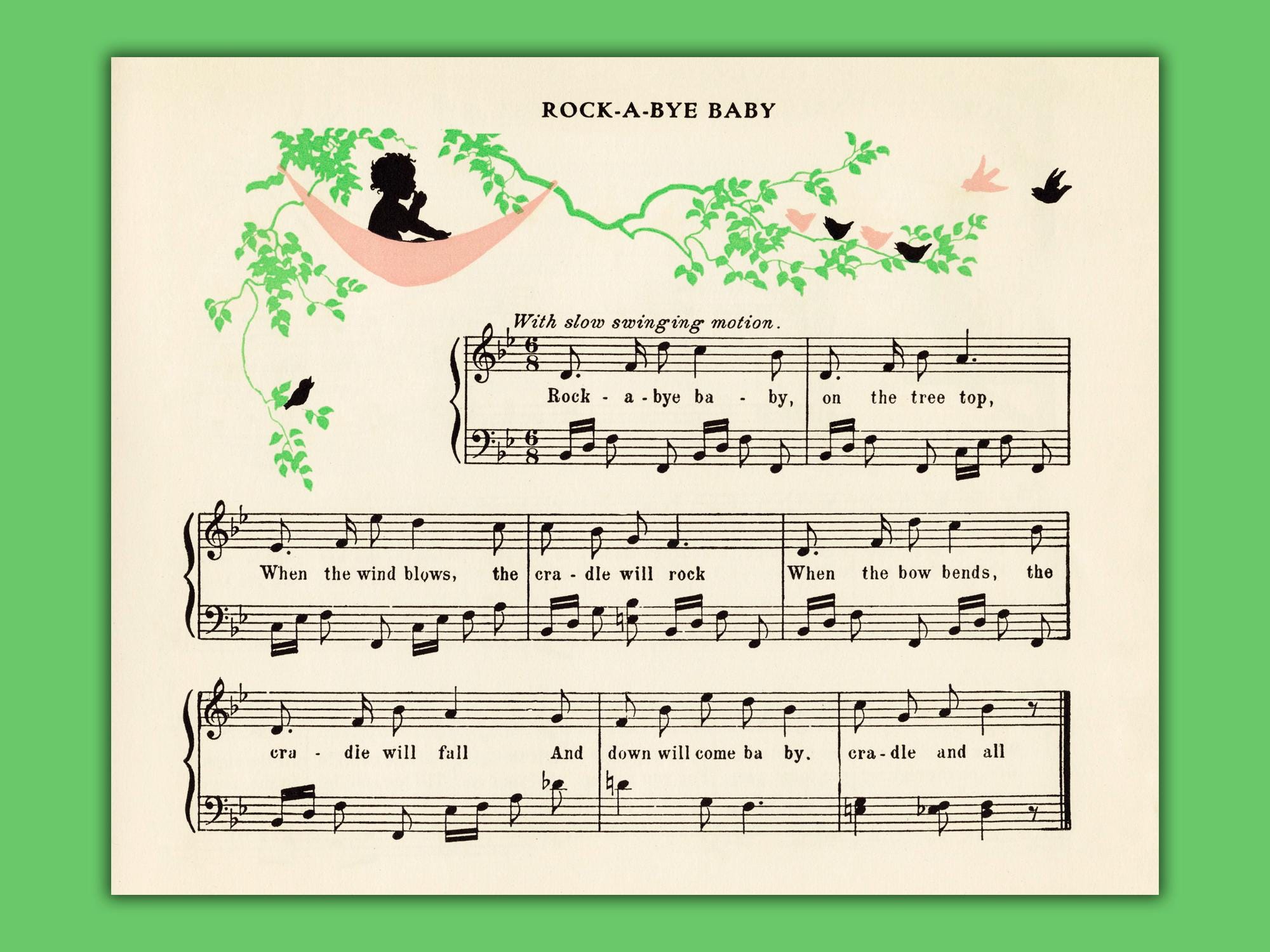 Vintage Rock-a-bye Baby Children's Song Sheet & Silhouette