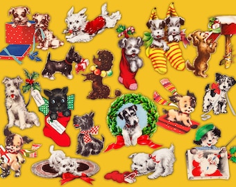 May include: A collection of vintage-style illustrations of puppies in various poses, set against a yellow background. The puppies are adorned with holiday decorations, including Christmas stockings, wreaths, and ribbons. Some puppies are holding gifts.