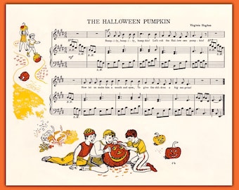 May include: A vintage sheet music page titled The Halloween Pumpkin by Virginia Hughes. It features black musical notation, lyrics, and colorful illustrations of children interacting with pumpkins on a cream background with yellow accents.
