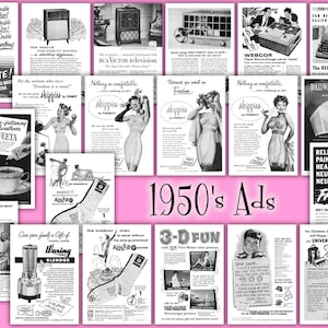 May include: A collection of vintage advertisements from the 1950s, displayed on a pink background. The ads are in black and white and promote various products, including radios, girdles, and household items. The text "1950's Ads" is prominently displayed.