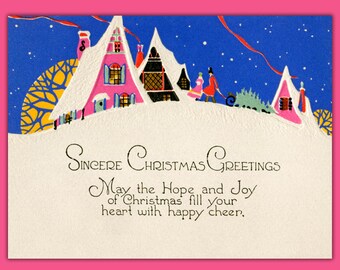 Vintage Antique Christmas Card Snow Scene with Storybook Houses Printable Instant Digital Download