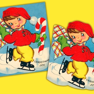 Carte de Noël vintage fille patinage sur glace canne en bonbon géante imprimable téléchargement numérique instantané