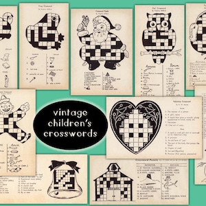Pode incluir: Uma coleção de folhas de palavras cruzadas para crianças em estilo vintage com ilustrações em preto e branco de uma tartaruga, sapo, Papai Noel, coruja, peru, palhaço, coração, sino, escola e boneco de neve, com o texto vintage children's crosswords.