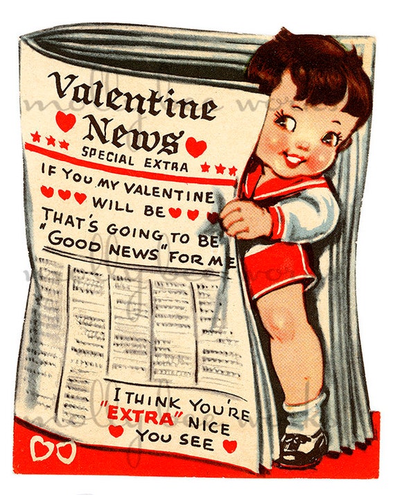 Vintage Valentine Adorable Child With Newspaper Printable Instant
