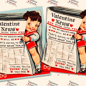 Vintage Valentijn schattig kind in matrozenpakje met krantenkop Nieuws afdrukbare instant digitale download