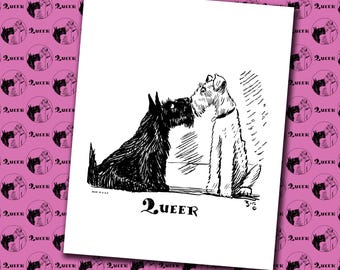 Vintage Queer Postcard Illustration Schnauzer and Scottie Dog Kissing Black & White Printable Wall Art by Zito Instant Digital Download