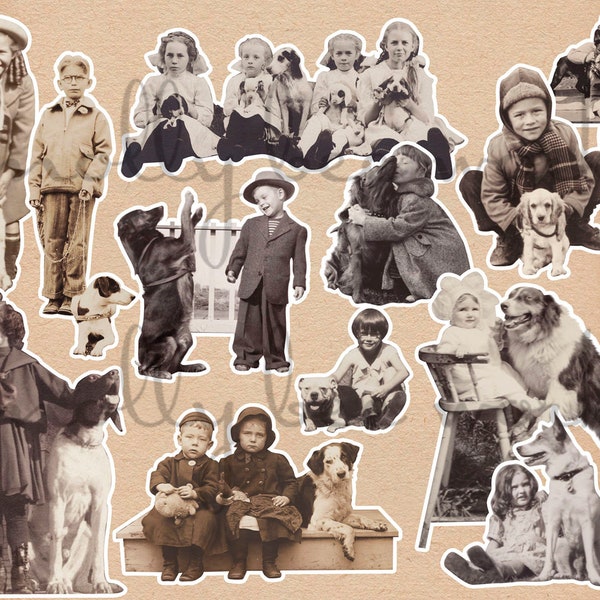 Printable Cut Outs Fussy Cuts Antique Vintage Snapshots Photos Sweet Kids with Dogs Instant Digital Download