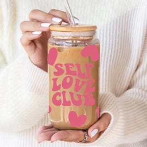 Self Love Club Glass Cup Retro Iced Coffee Cup with Lid and Straw Coquette Hearts Sipper Glass Gift For Friend 16 oz Cup Cute Christmas Gift