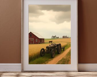 Vintage Farm Landscape Digital Print - Rustic Country Tractor Wall Art, Barn & Wheat Field Artwork, Rural Americana Decor, Digital Download