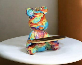 Colorful 3D Bear Statue For Office Decor, Graffiti Bear Sculpture, Cute Figurine For Shelf Decor, Key Storage Ornament, Unique Gift Idea