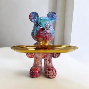 Adorno creativo de bandeja de oso violento de pie para decoración del hogar, soporte de llave de bandeja único, escultura de oso 3D, accesorios de escritorio, regalo de inauguración de la casa