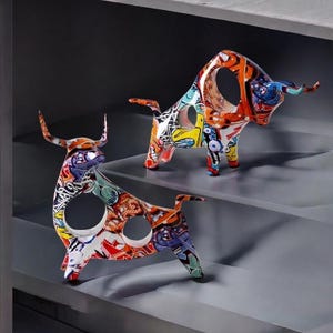 Decorative Hollow Bull Sculpture For Home Decor, Unique Resin Bull Ornament With Graffiti Art, Animal Figurines, Bull Art, Animal Lover Gift