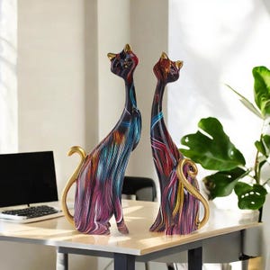 Graffiti Cat Figurine For Modern Home Decor, Unique Resin Abstract Cat Sculpture, Resin Cat Ornament Pair, Shelf Decor, Home Decor Gift
