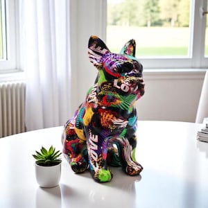 Cute Resin French Bulldog Ornament, Decorative Graffiti Dog Sculpture For Shelf Decor, Dog Lover Gift, Bulldog Pet Memorial, Dog Owner Gift