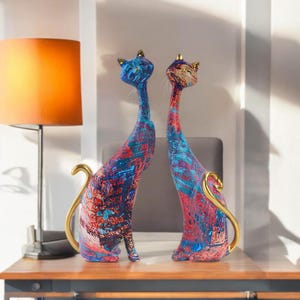 Graffiti Cat Figurine For Modern Home Decor, Unique Resin Abstract Cat Sculpture, Resin Cat Ornament Pair, Shelf Decor, Home Decor Gift