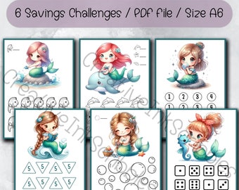 Lindos desafíos de ahorro de sirena, paquete de mini desafíos de ahorro bajo el mar, desafío de bajo presupuesto, archivo PDF, descarga digital, princesa