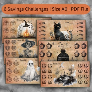 Può includere: Sei carte di sfida di risparmio stampabili a tema Halloween. Ogni carta presenta un'immagine spettrale diversa, come uno scheletro, un fantasma e un gatto nero, e include una serie di spazi per tenere traccia degli obiettivi di risparmio. Le carte sono progettate per aiutare le persone a risparmiare denaro per le vacanze.