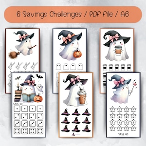 May include: Six printable Halloween-themed savings challenge cards. Each card features a cute ghost wearing a witch hat and holding a different item, such as a broom, a pumpkin, a coffee cup, a book, a witch's wand, and a hat. The cards include a variety of activities to help you save money, such as saving a certain amount each day, tracking your spending, and setting financial goals.