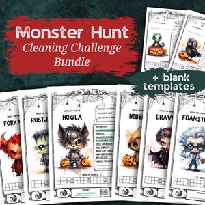May include: A bundle of printable Halloween-themed cleaning challenge cards. The cards feature cartoon monsters, pumpkins, and spiderwebs. Text on the cards includes "Monster Hunt," "Cleaning Challenge," and "Health Points."