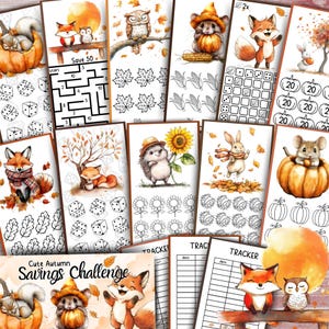 May include: A selection of autumn-themed printable pages with watercolour illustrations of woodland creatures, pumpkins, and leaves. Includes savings challenges, trackers, mazes, and colouring pages. The phrase "Cute Autumn Savings Challenge" is visible.