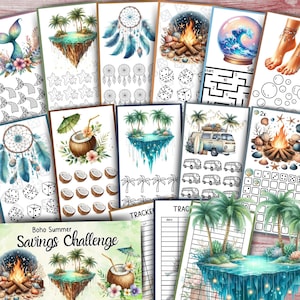 Summer Boho Savings Challenge A6 Printable Budget Binder Insert Low Income Cash Envelope Tracker Money Saving Method Summer Beach Savings