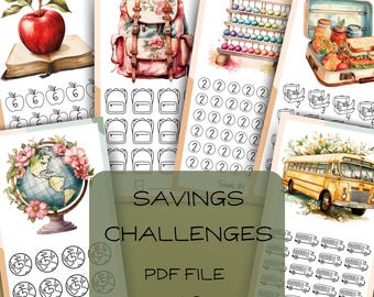 May include: A set of printable savings challenge trackers featuring various themes, including a globe, a school bus, a backpack, and a suitcase. The trackers are designed to help people save money by tracking their progress towards a goal. The text "Savings Challenges" and "PDF File A6" is included on the image.