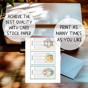 May include: Three colorful tracker sheets with bee illustrations are displayed. The sheets are printed on card stock paper. Text on the image reads "ACHIEVE THE BEST QUALITY WITH CARD STOCK PAPER" and "PRINT AS MANY TIMES AS YOU LIKE."