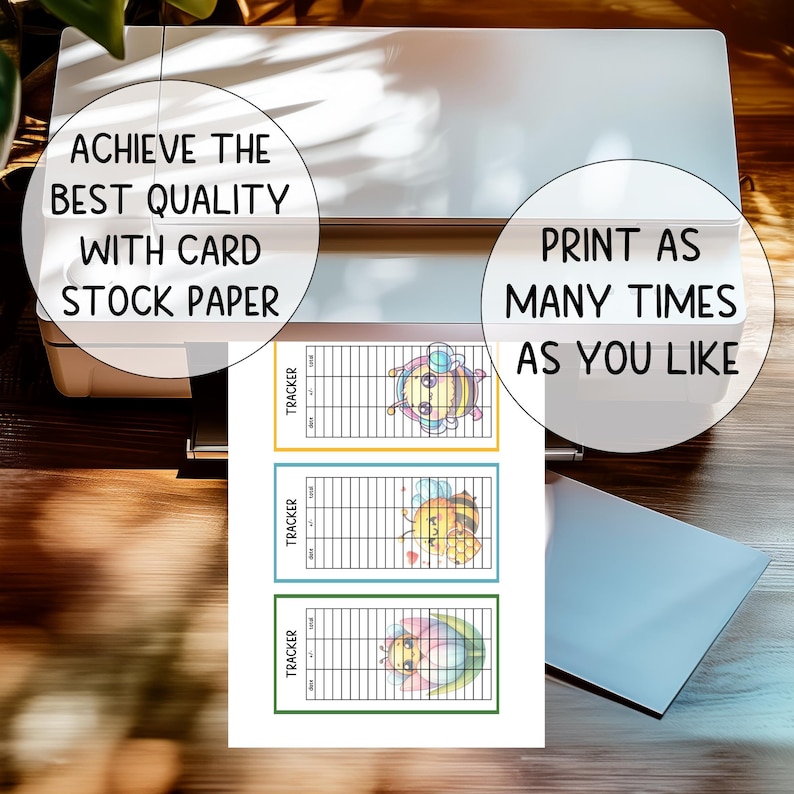 May include: Three colorful tracker sheets with bee illustrations are displayed. The sheets are printed on card stock paper. Text on the image reads "ACHIEVE THE BEST QUALITY WITH CARD STOCK PAPER" and "PRINT AS MANY TIMES AS YOU LIKE."