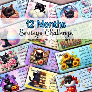 Kitty Savings Challenge Bundle A6 imprimable Enveloppe de suivi pour les billets de banque Insertion budgétaire pour classeur budgétaire Un an d'économies en espèces : 1 500
