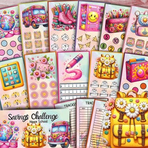 May include: A collection of colorful, illustrated planner inserts with a school theme. Designs include a pink school bus, roller skates, backpacks, and a pencil with a pink trail. The text "Savings Challenge" is visible.