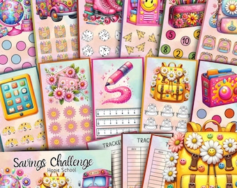 May include: A selection of vibrant planner inserts with a school theme. Designs include a pink school bus, roller skates, backpacks, and a pencil with a pink trail. The text "Savings Challenge" is visible.