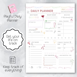 Op de afbeelding: Een printbare dagelijkse planner met een speels ontwerp met harten, sterren en andere schattige illustraties. De planner bevat secties voor het bijhouden van stemming, waterinname, weer, maaltijden, afspraken, stappen, taken, notities, financiën en dankbaarheid.