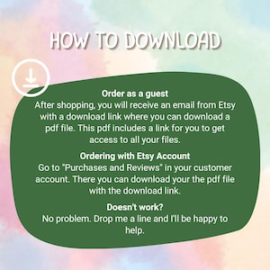 以下が含まれることがあります： 「HOW TO DOWNLOAD」というタイトルのデジタルダウンロードガイド。購入後にファイルにアクセスする方法に関する手順が記載されています。テキストはパステルカラーの背景に緑色の楕円で表示されます。ゲストとアカウントユーザーの手順が含まれています。