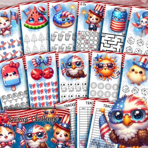May include: A collection of colorful printable sheets with patriotic themes. Designs include a watermelon, donut, bear, and eagle, all adorned with American flag motifs. The sheets feature mazes, dice games, and a savings challenge, perfect for Independence Day activities.