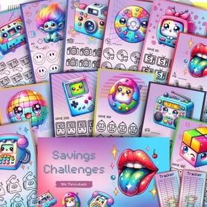 May include: A set of colourful printable cards featuring 90s themed images and text. The cards include a game boy, a tamagotchi, a boombox, a disco ball, a troll doll, a camera, a phone, a Rubik's cube, and a tongue with a rainbow design. The text on the cards says "Savings Challenges 90s Throwback".