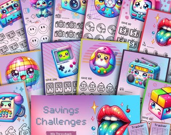 Retro 90s Savings Challenges, Kawaii Challenges Bundle for A6 Binder, Nostalgic 90s Budgeting, PDF File, Digital Download, Envelope Methode