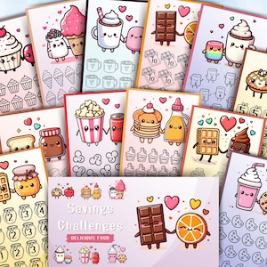 Sfide di risparmio di dolci deliziosi, pacchetto di sfide kawaii per raccoglitore A6, budget per dessert, file PDF, download digitale, metodo busta